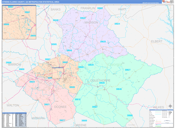 Athens-Clarke County Metro Area Digital Map Color Cast Style